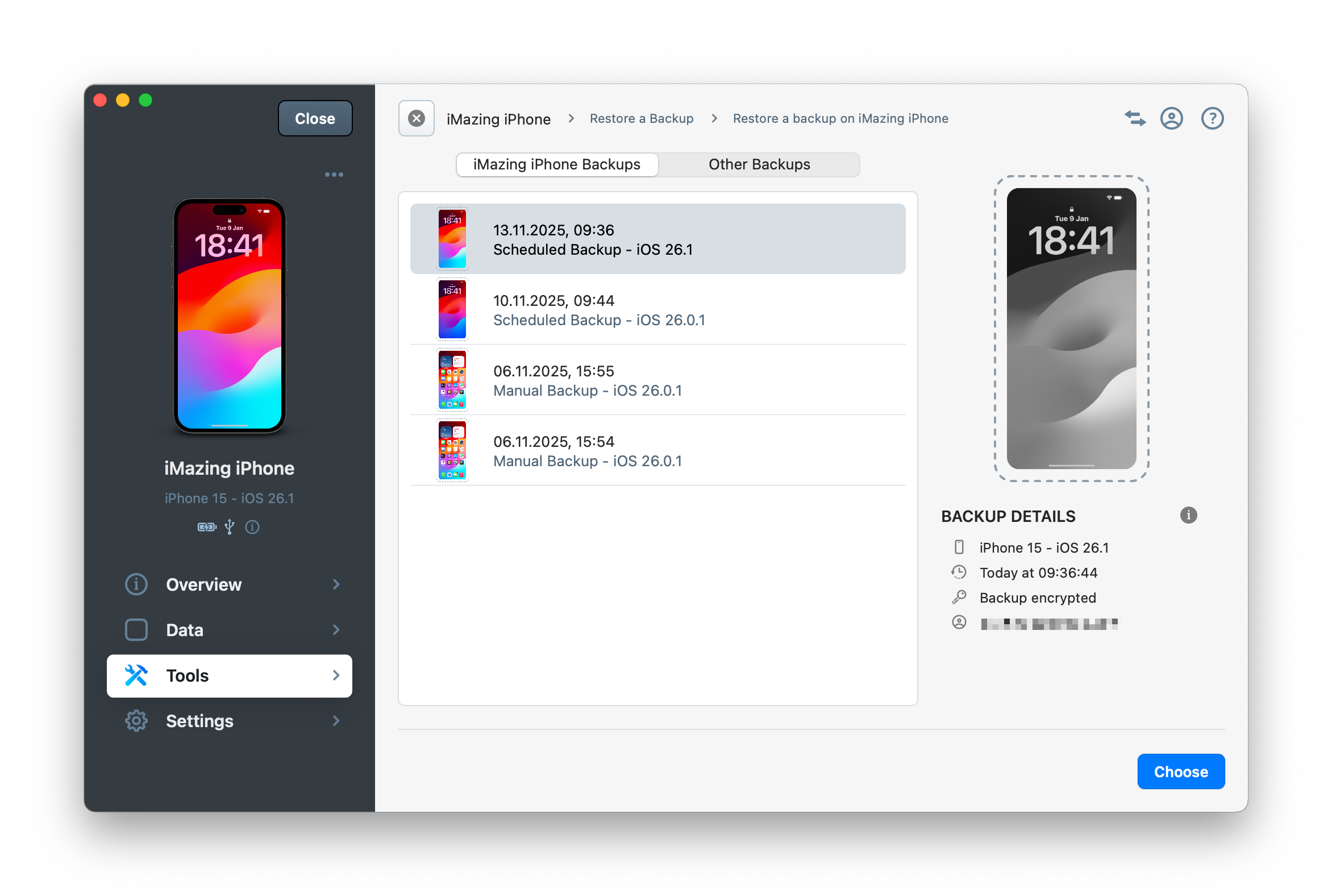 restore wizard - select backup