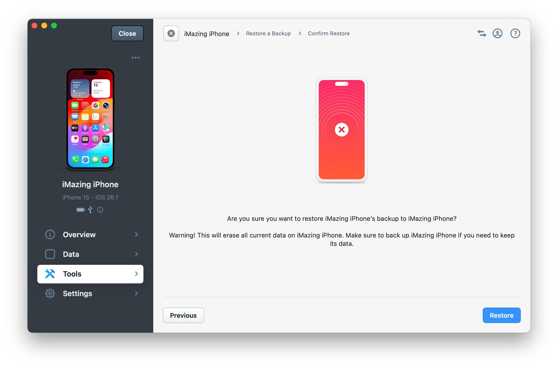 restore wizard confirmation screen