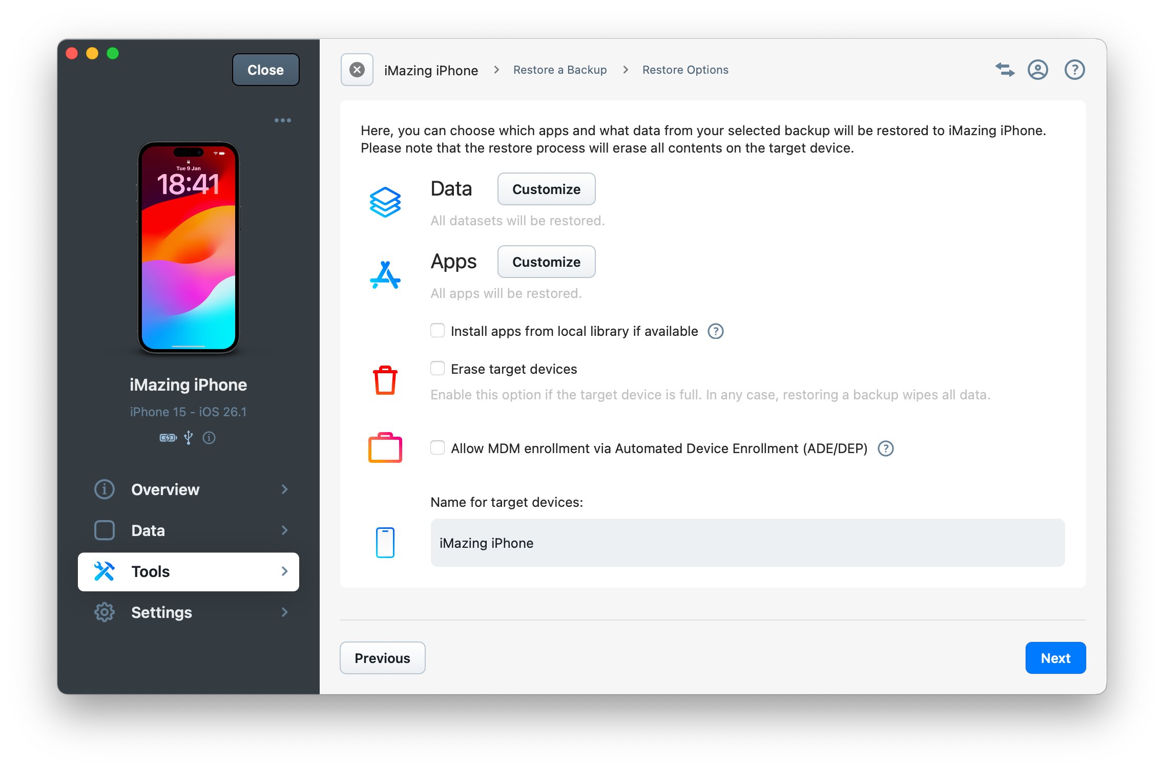 Transfer Options Wizard Screen