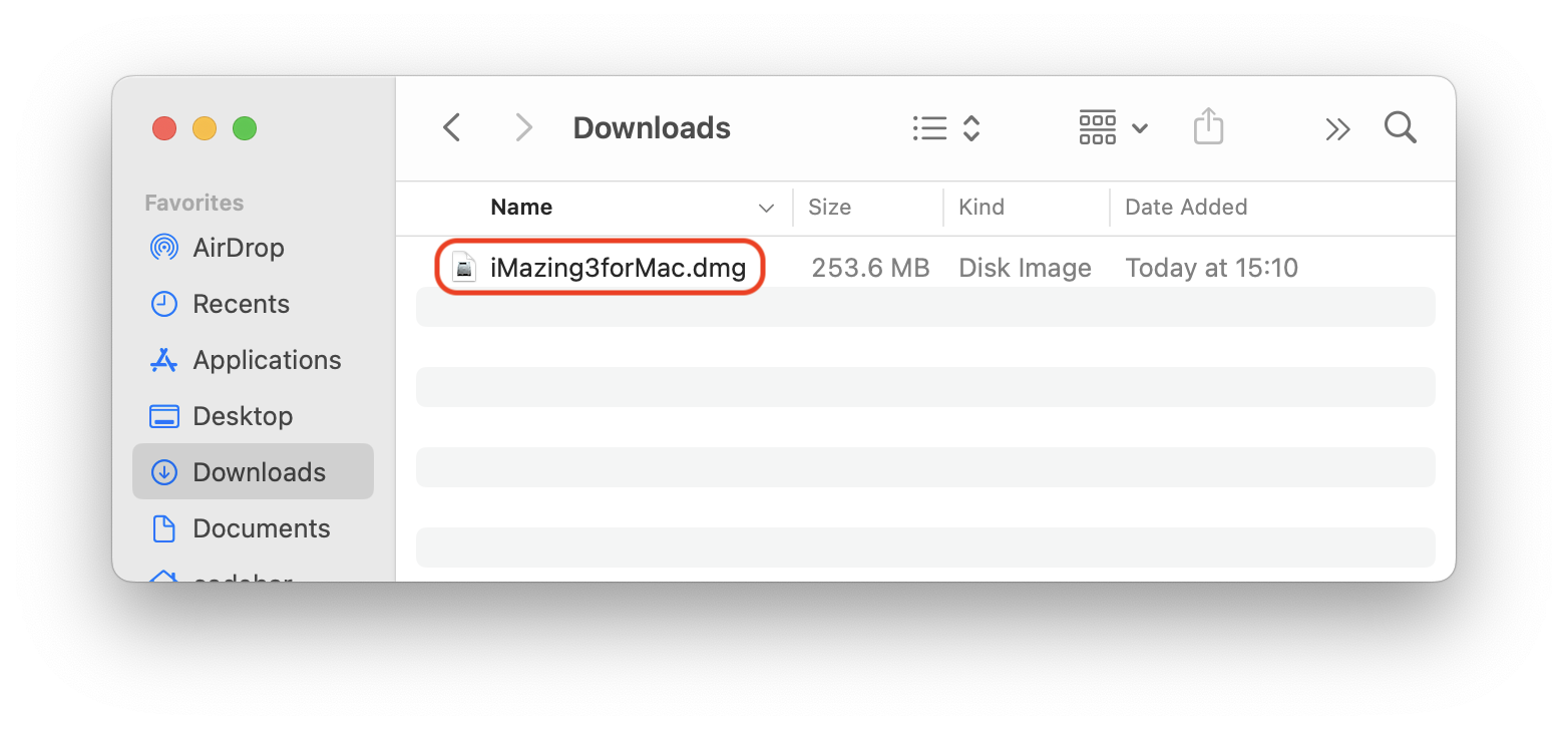 Downloads folder with iMazing installer selected