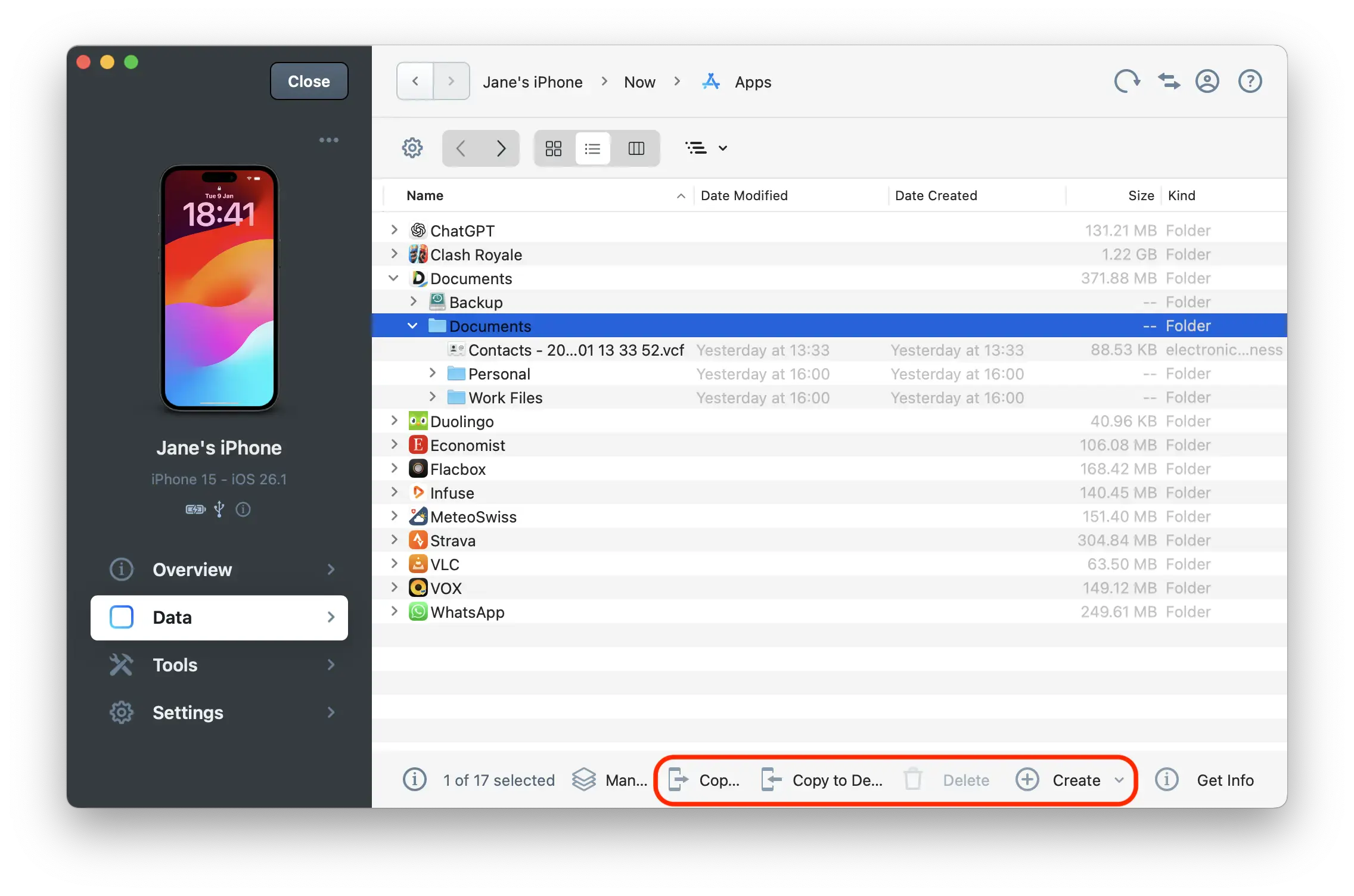 iMazing apps view with actions selected in bottom toolbar