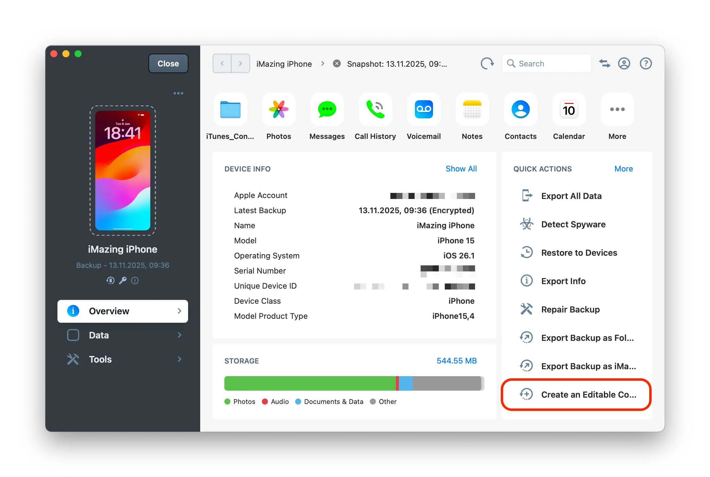 iMazing's backup overview with create editable copy button highlighted