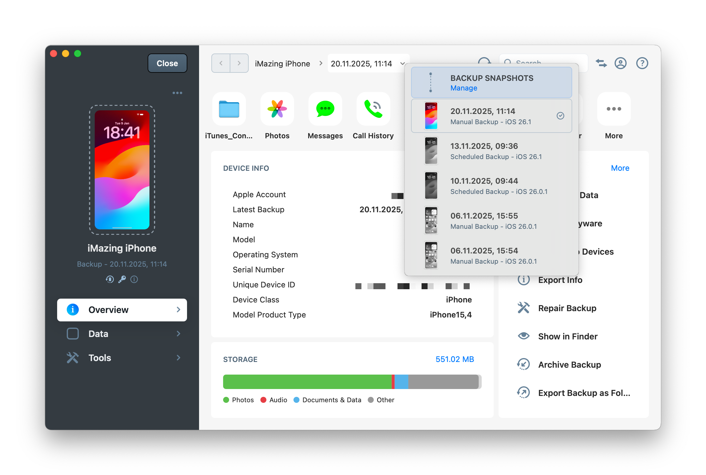 iMazing's backup list with backups selected