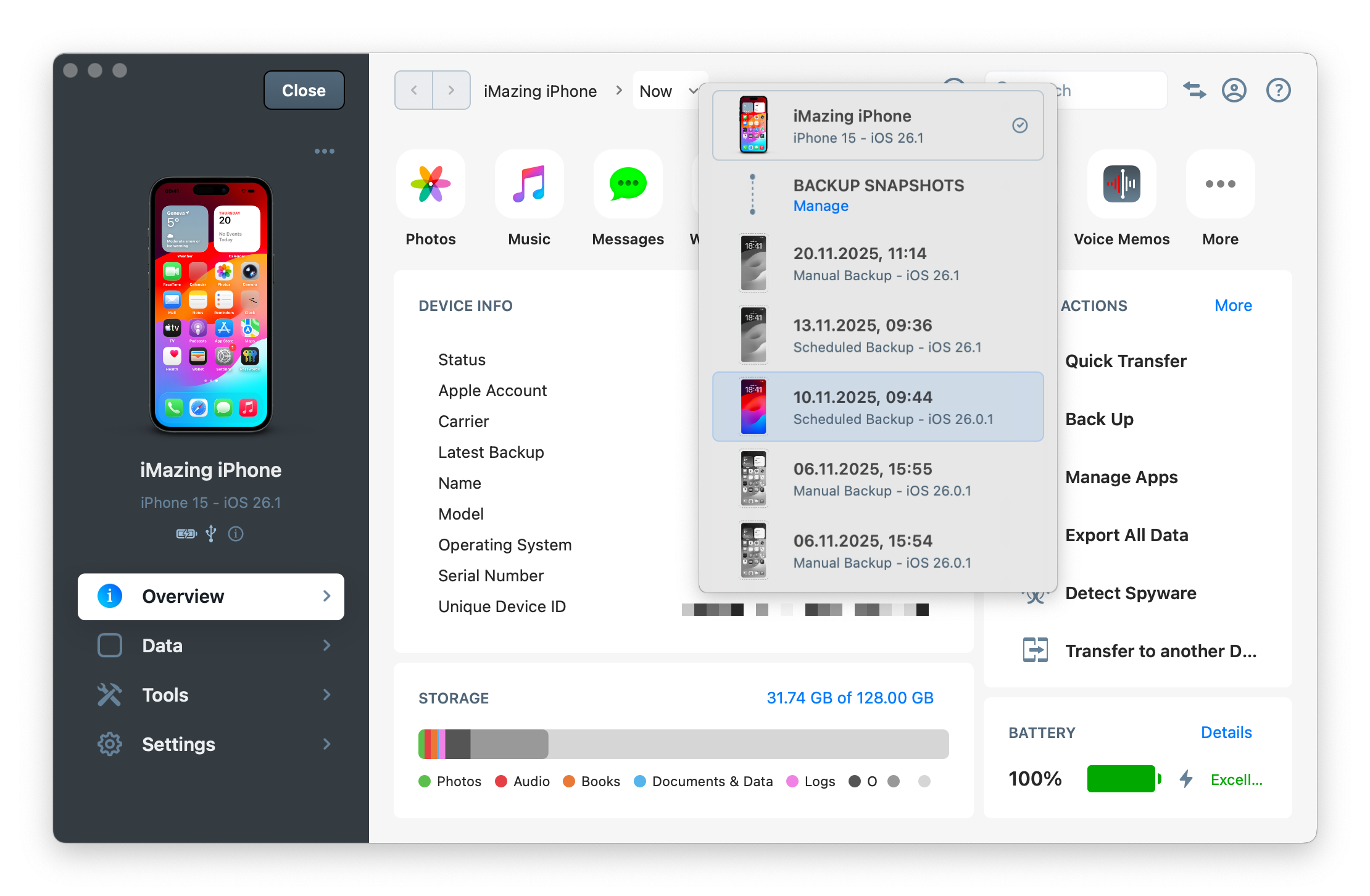 iMazing's backup list with backups selected