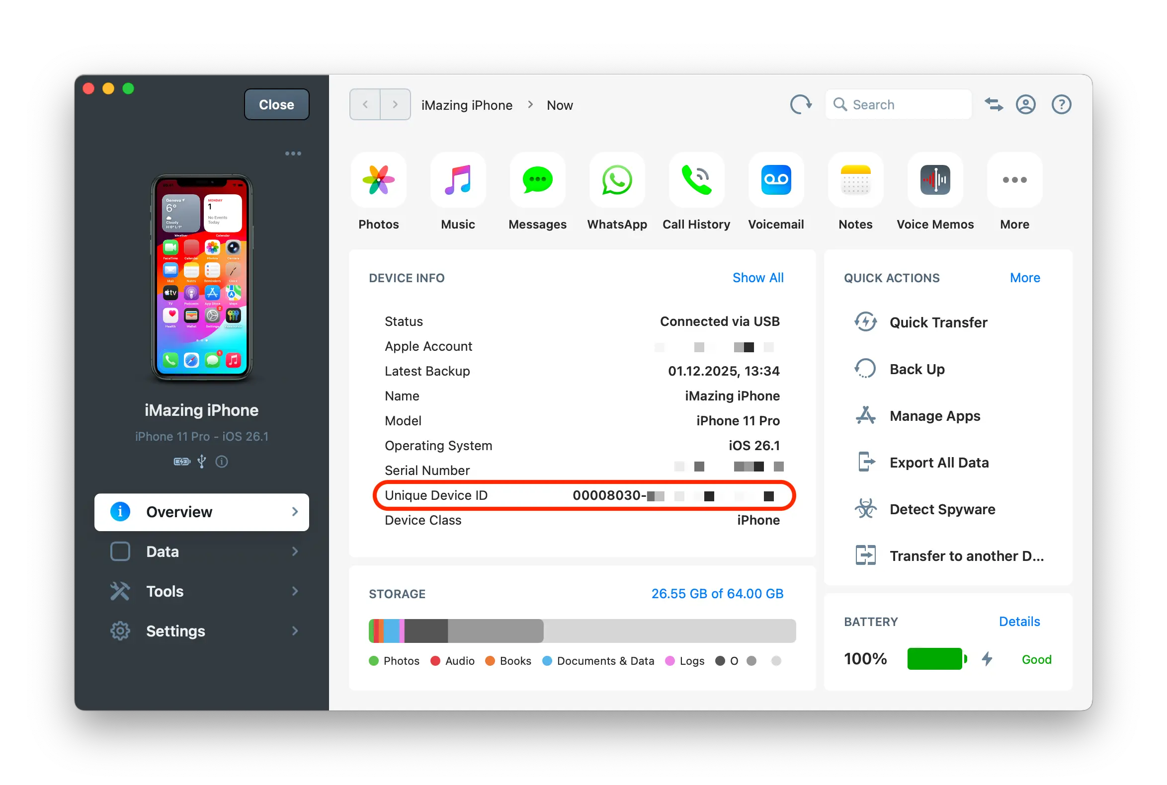 iMazing's Device Info Window