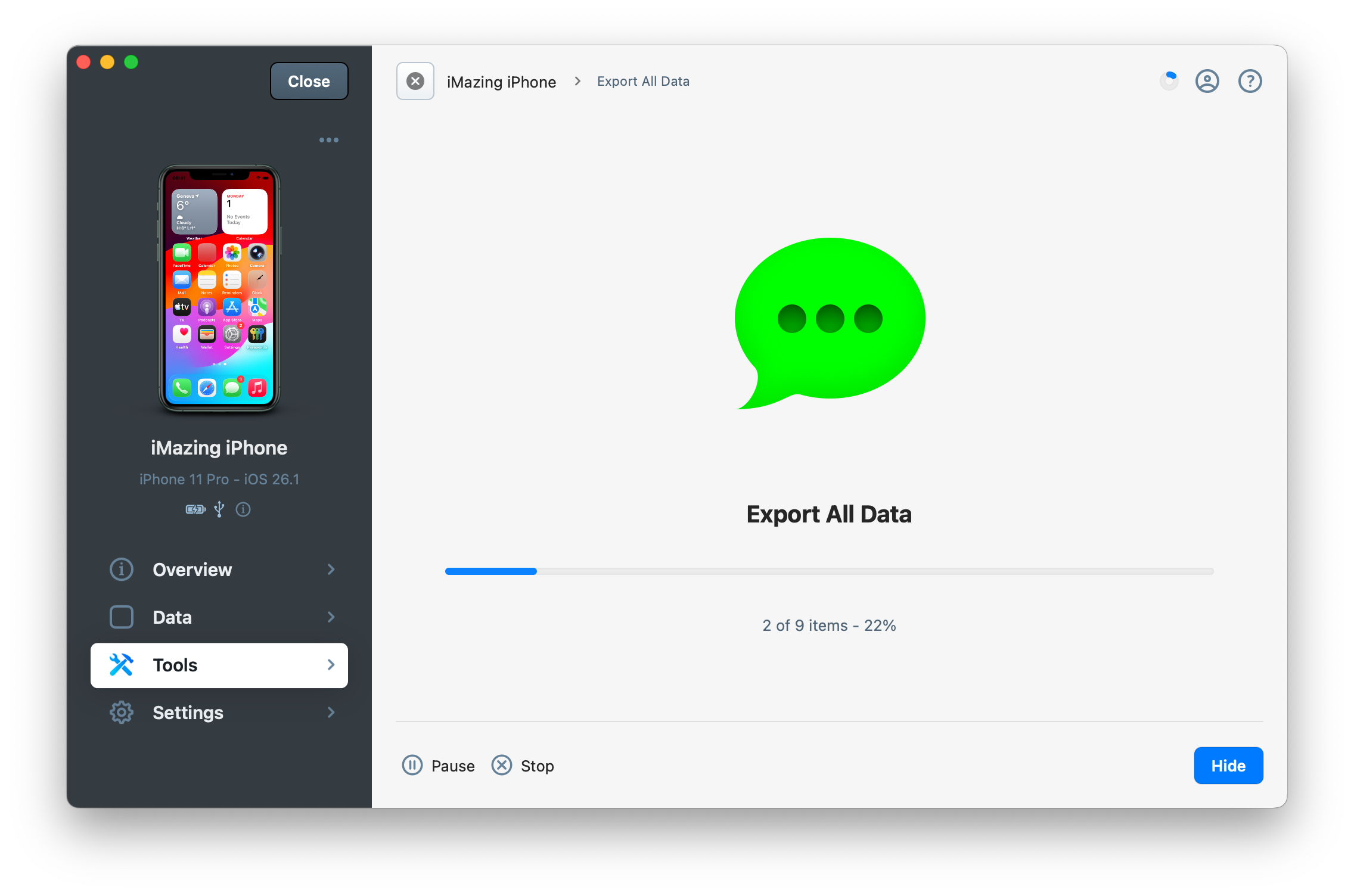iMazing Export All Data progress screen