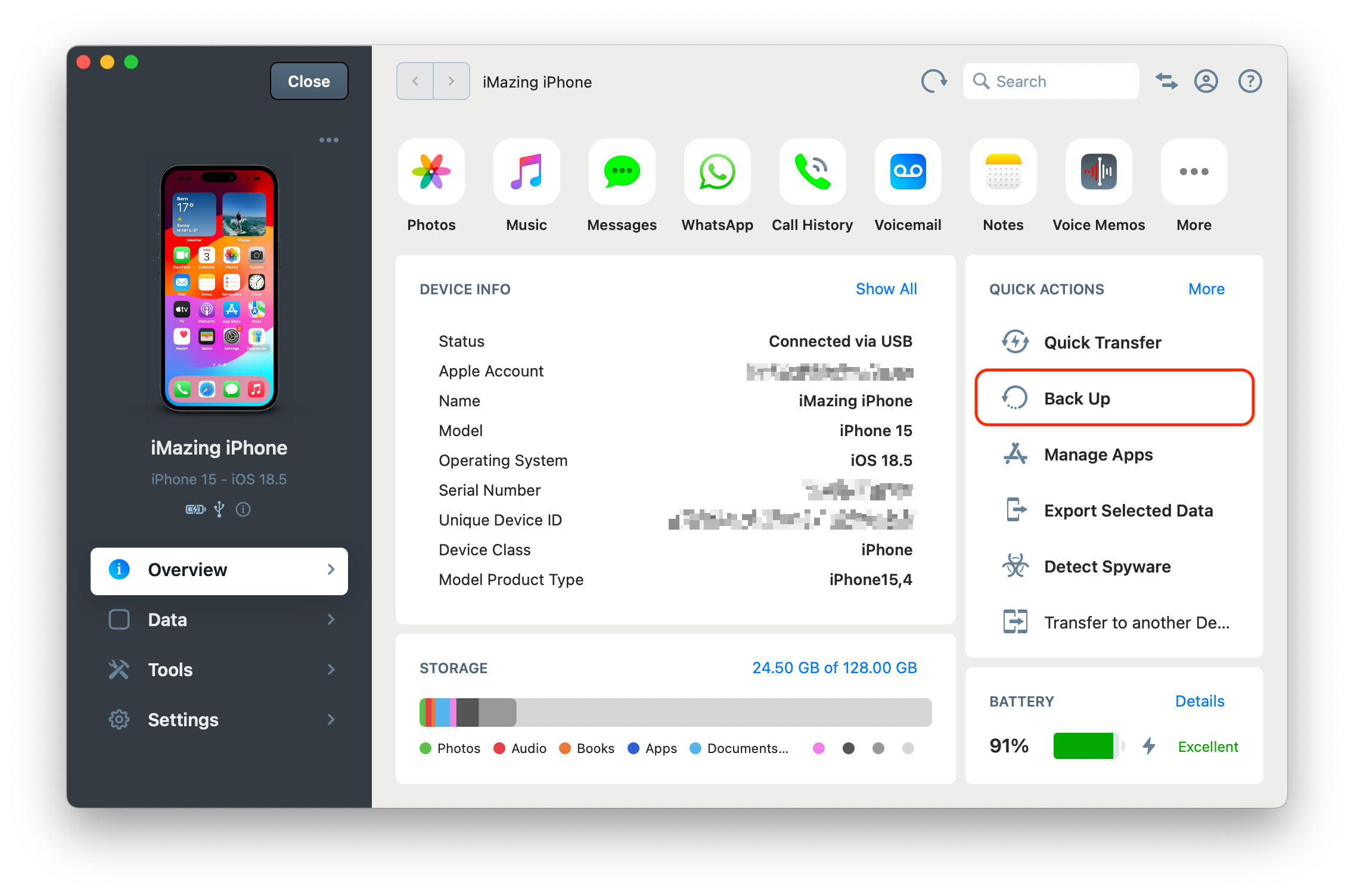 iMazing, Overview Section with Backup Button Highlighted