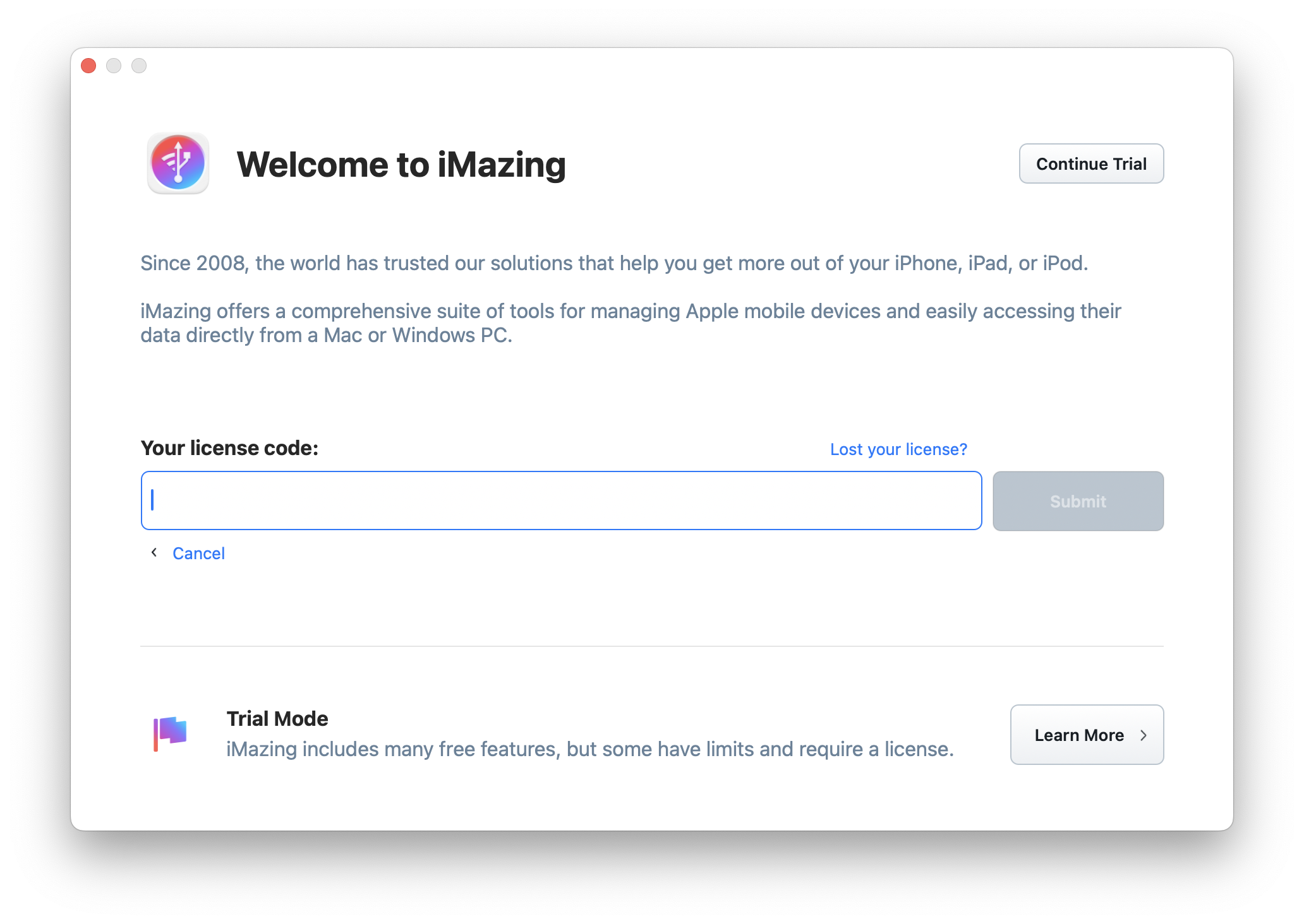 iMazing Licensing - Enter License Code