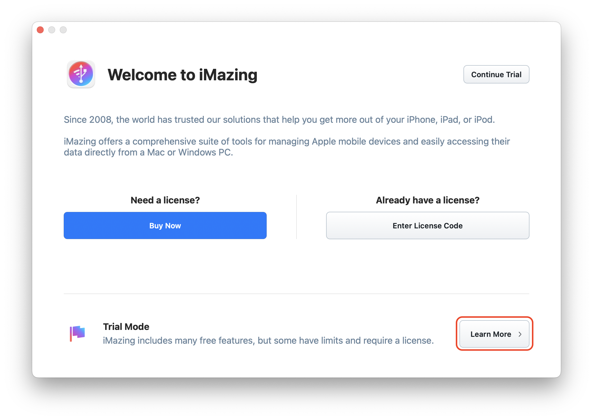 iMazing Welcome Screen - Learn More