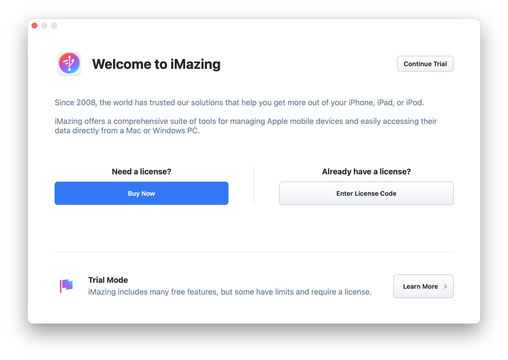 iMazing 3 - Welcome Trial Window