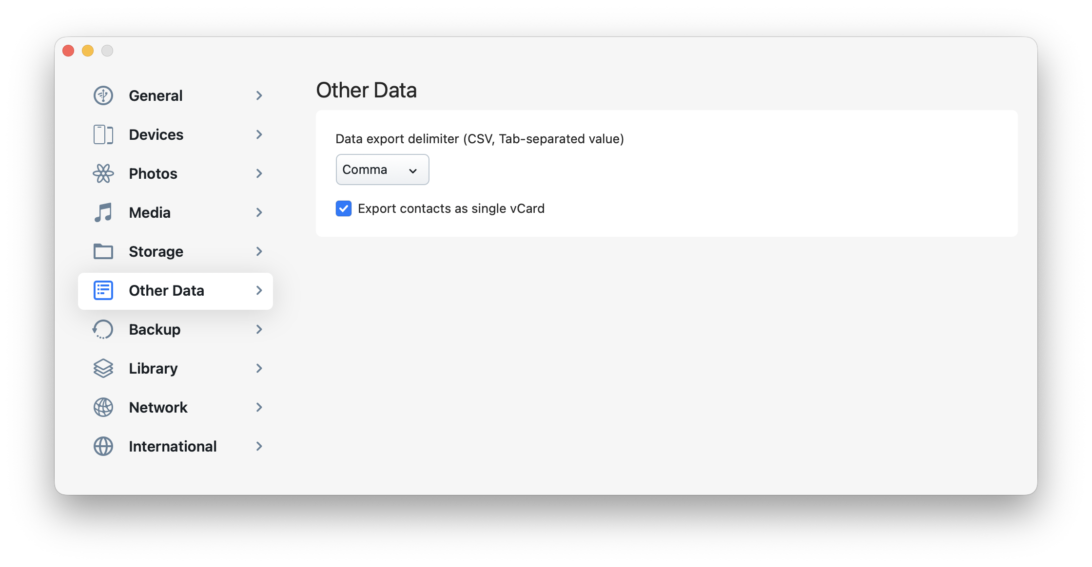iMazing Preferences - Other Data