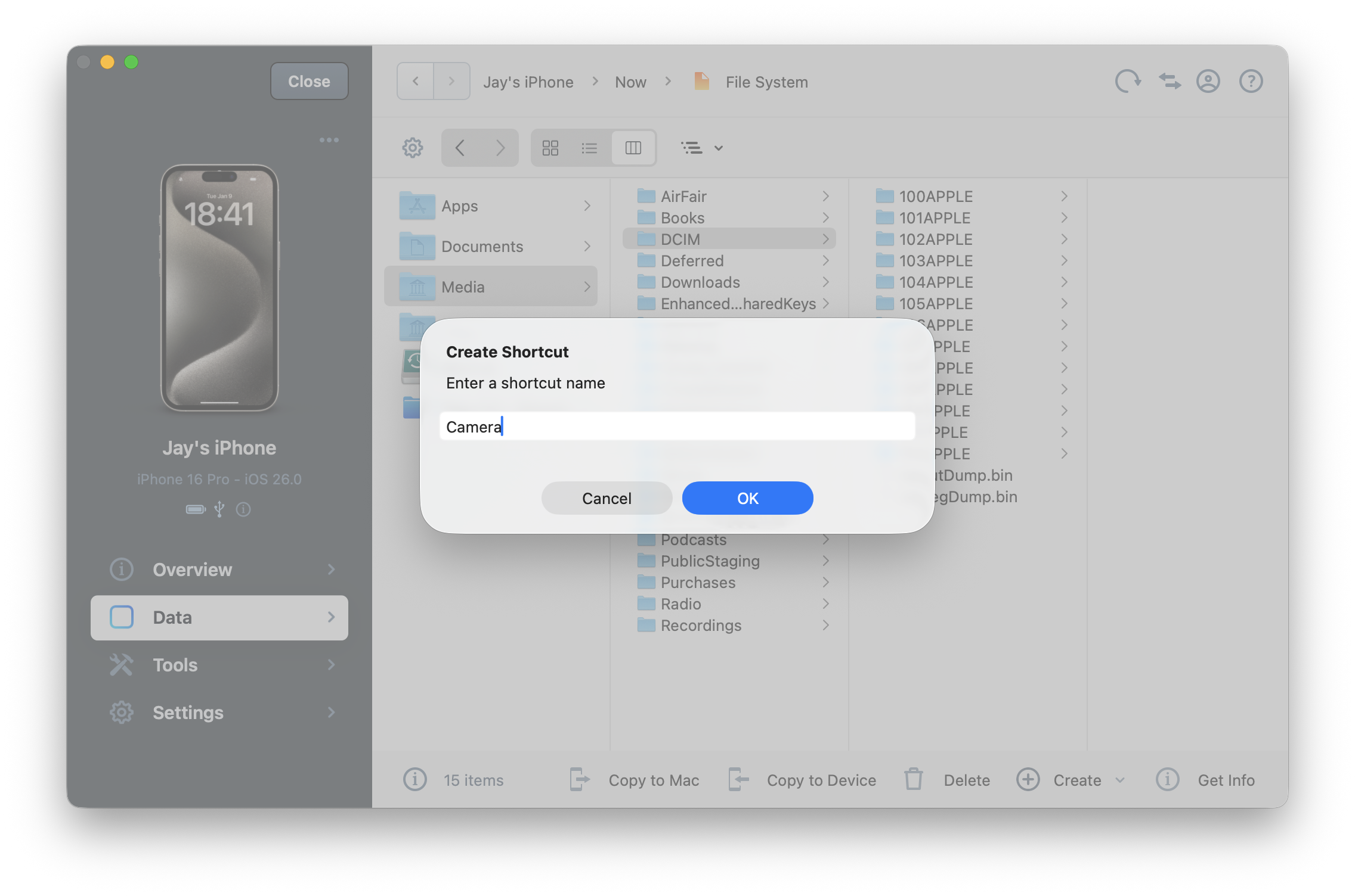 iMazing New Shortcut - Enter Name