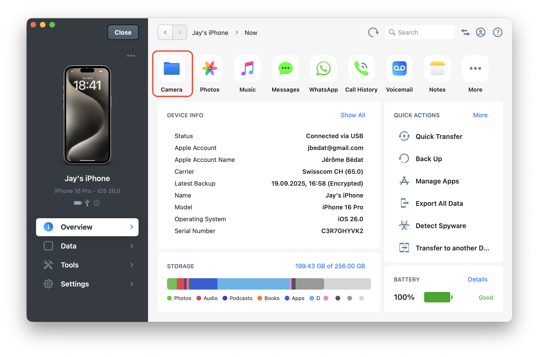 iMazing Folder Shortcut in Overview Section
