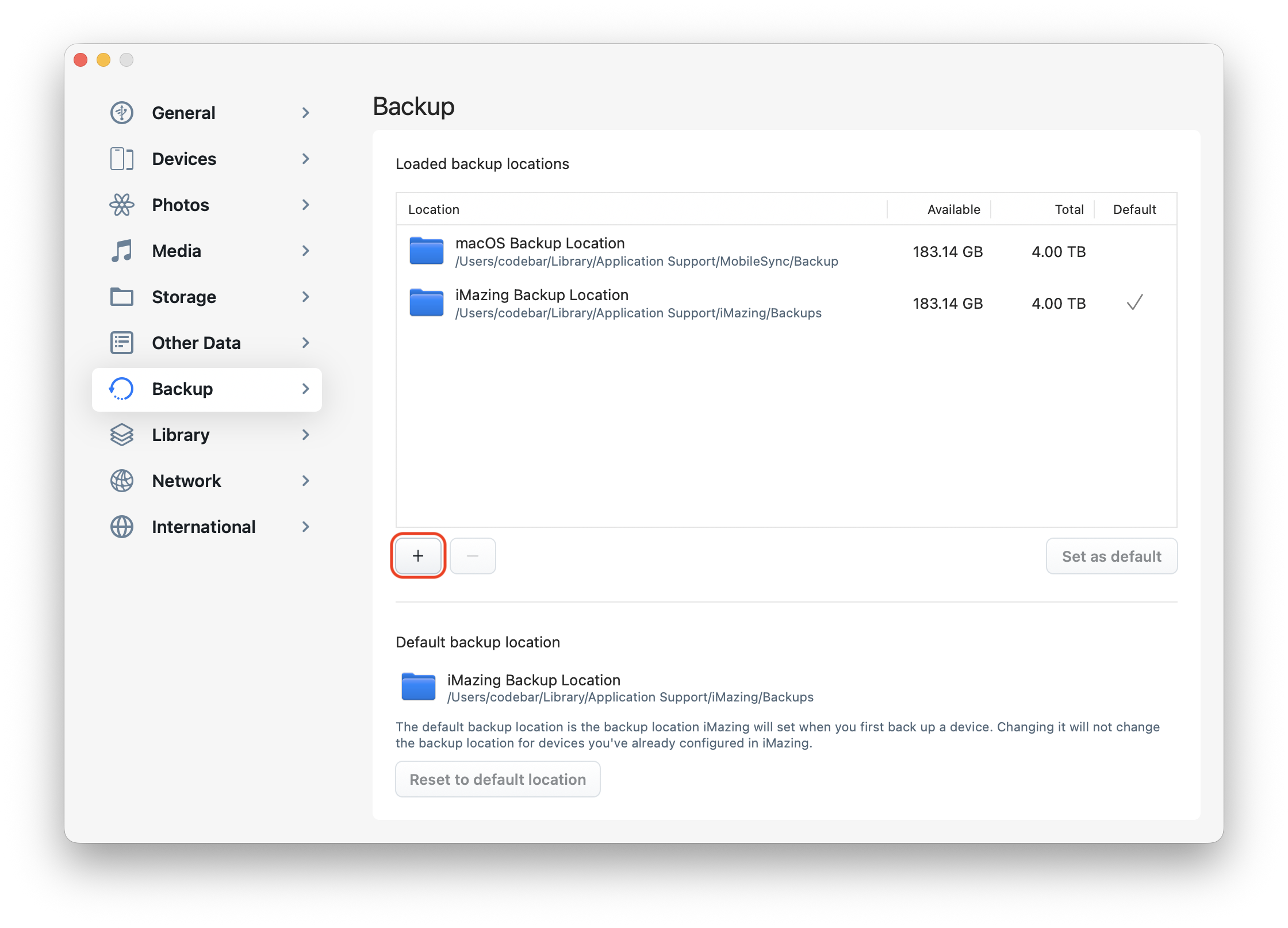 Add Backup Location in iMazing