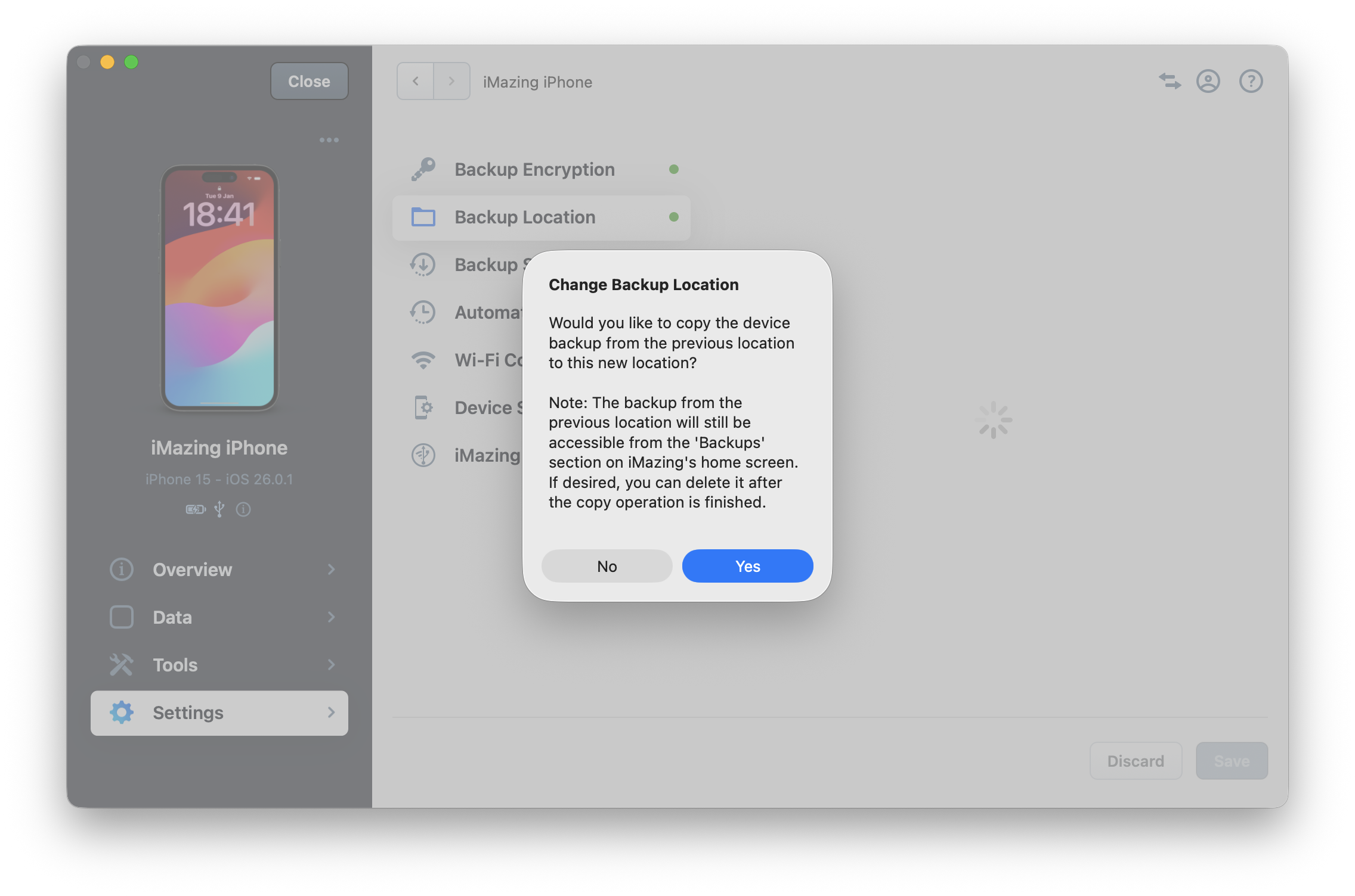 Dialog box: confirm copy existing backups in iMazing
