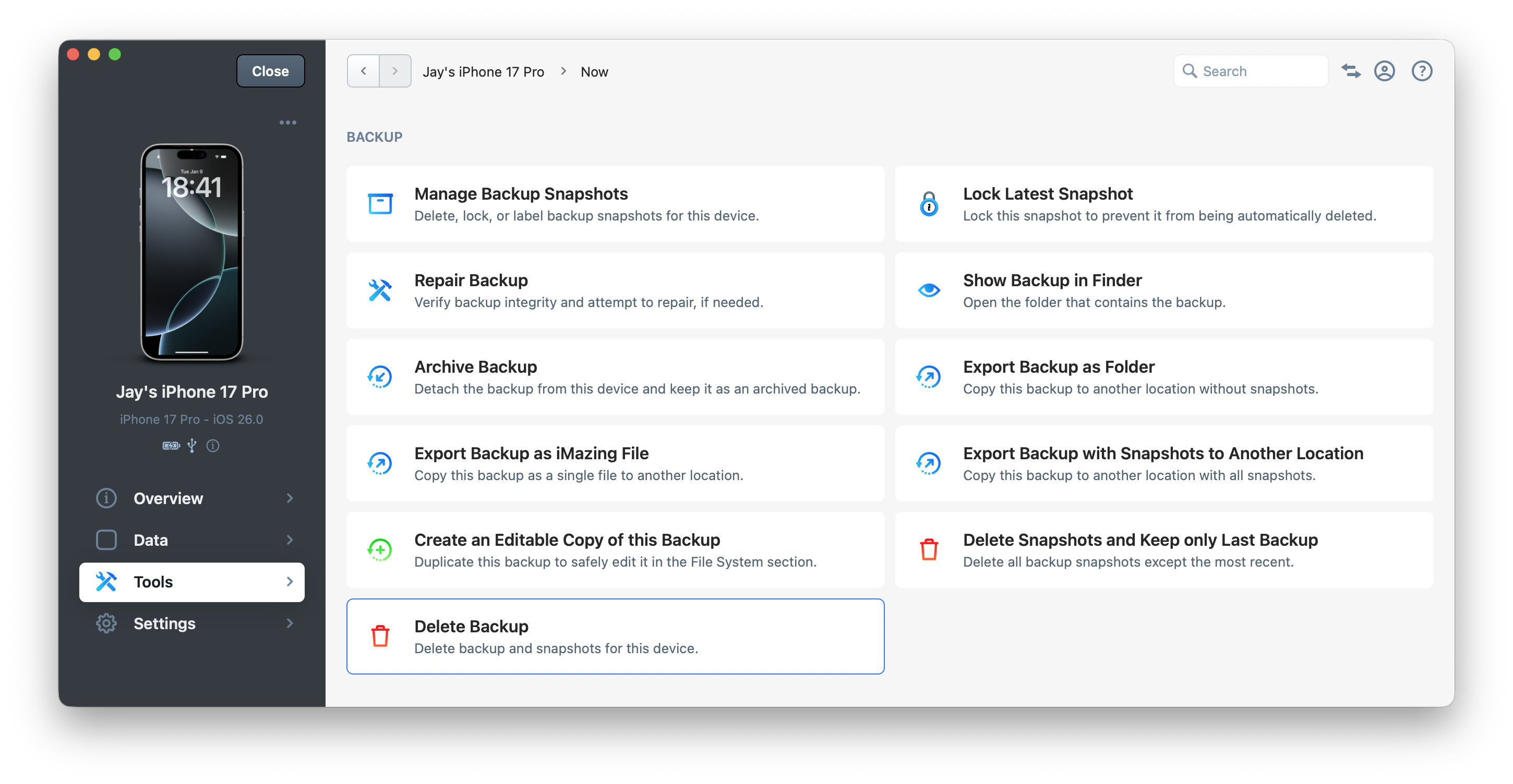 iMazing - Delete Backup Action