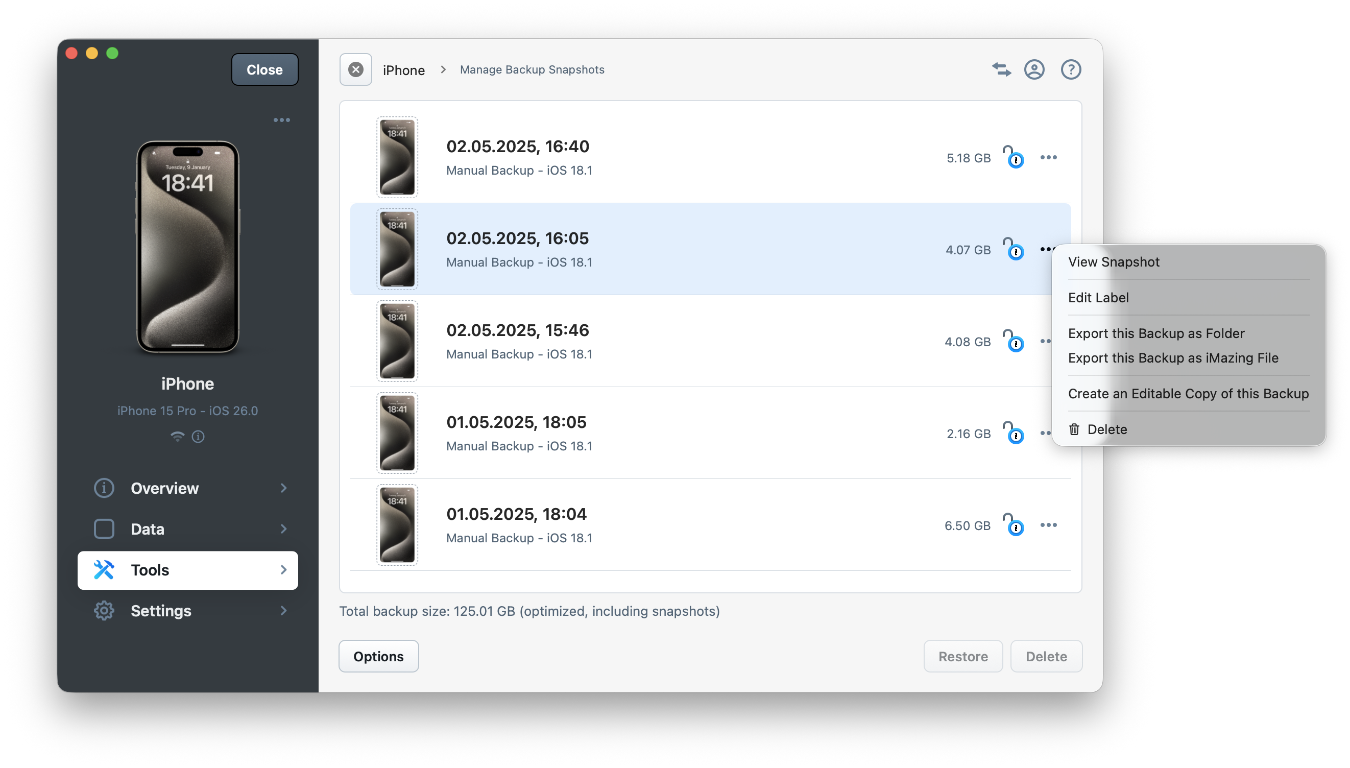iMazing - Manage Backup Snapshots Section