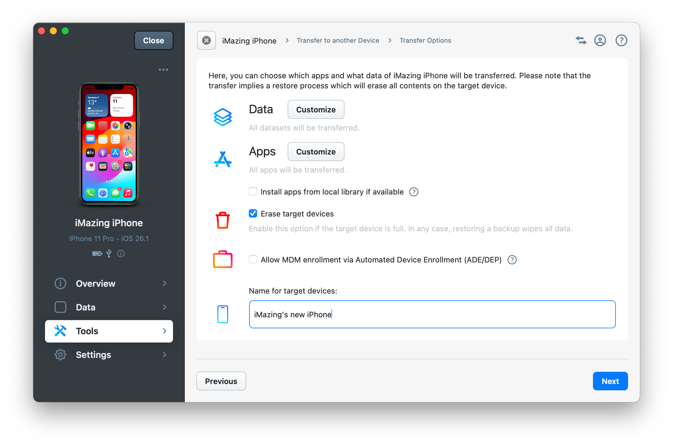 Transfer Options Wizard Screen