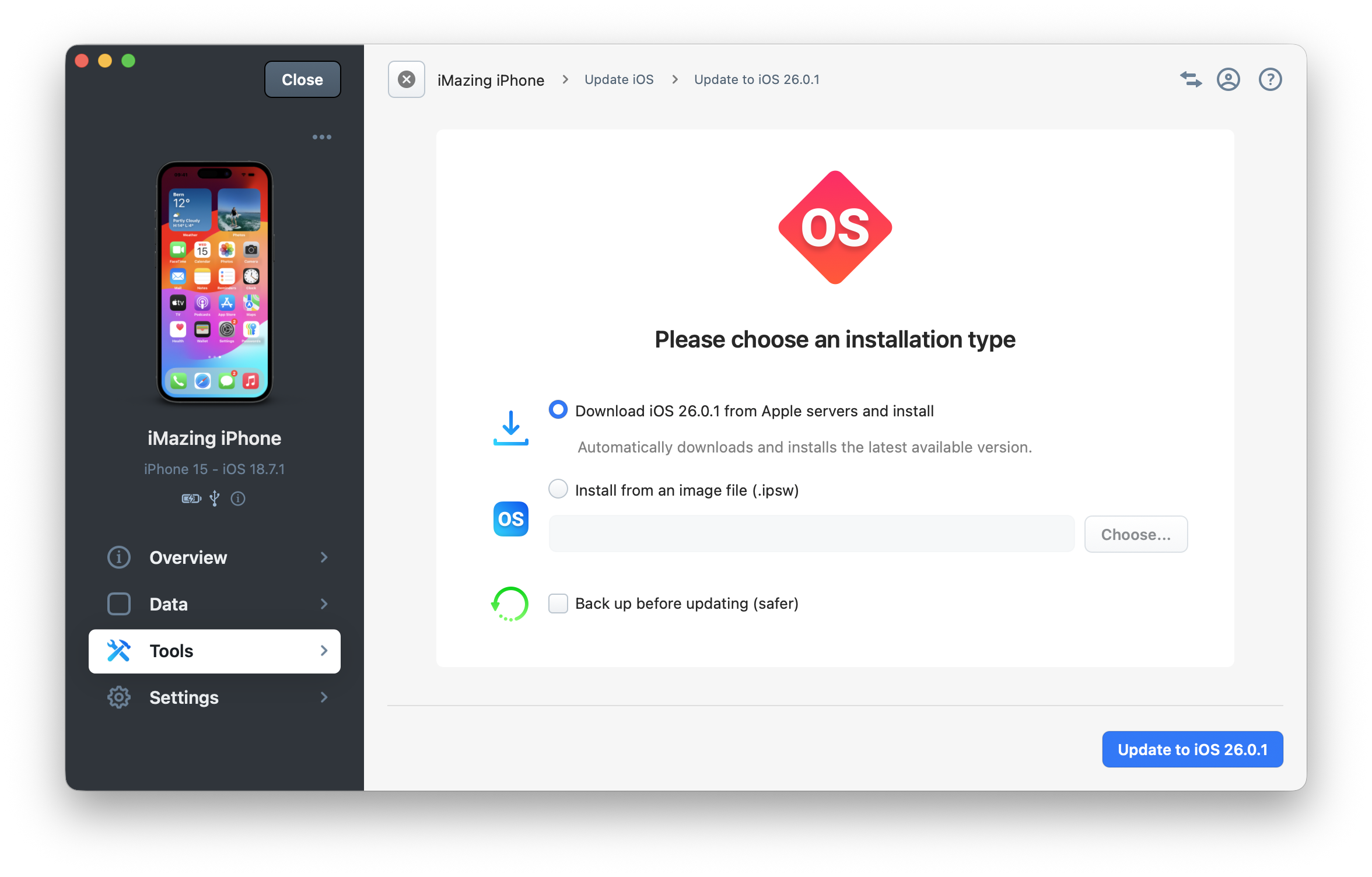 iMazing Update iOS Choose IPSW Screen
