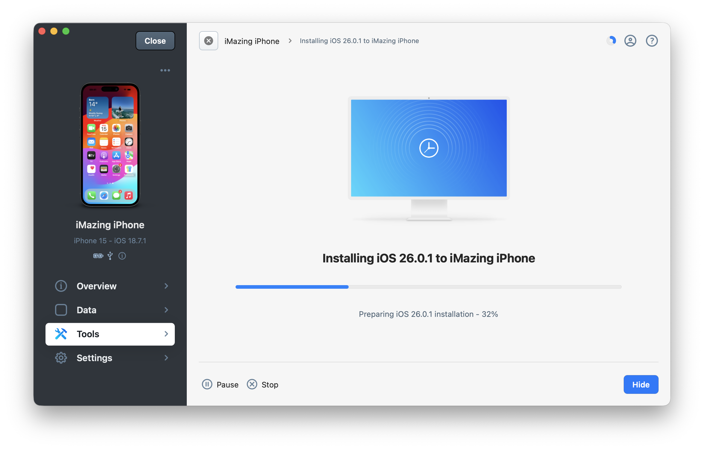 iMazing installing iOs update on your device