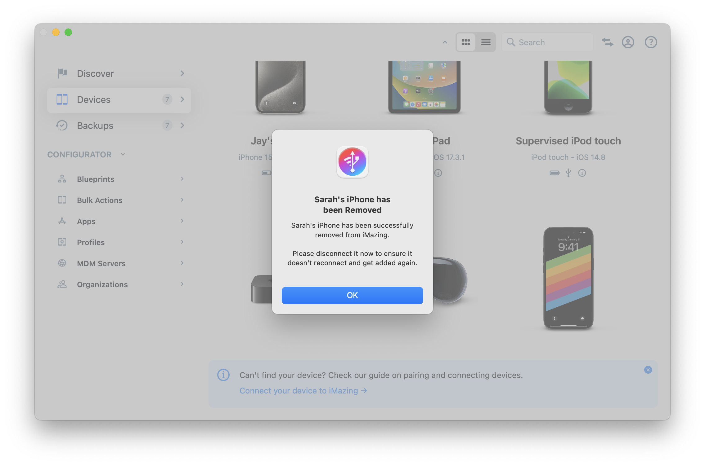 iMazing's Remove Device from iMazing dialog box