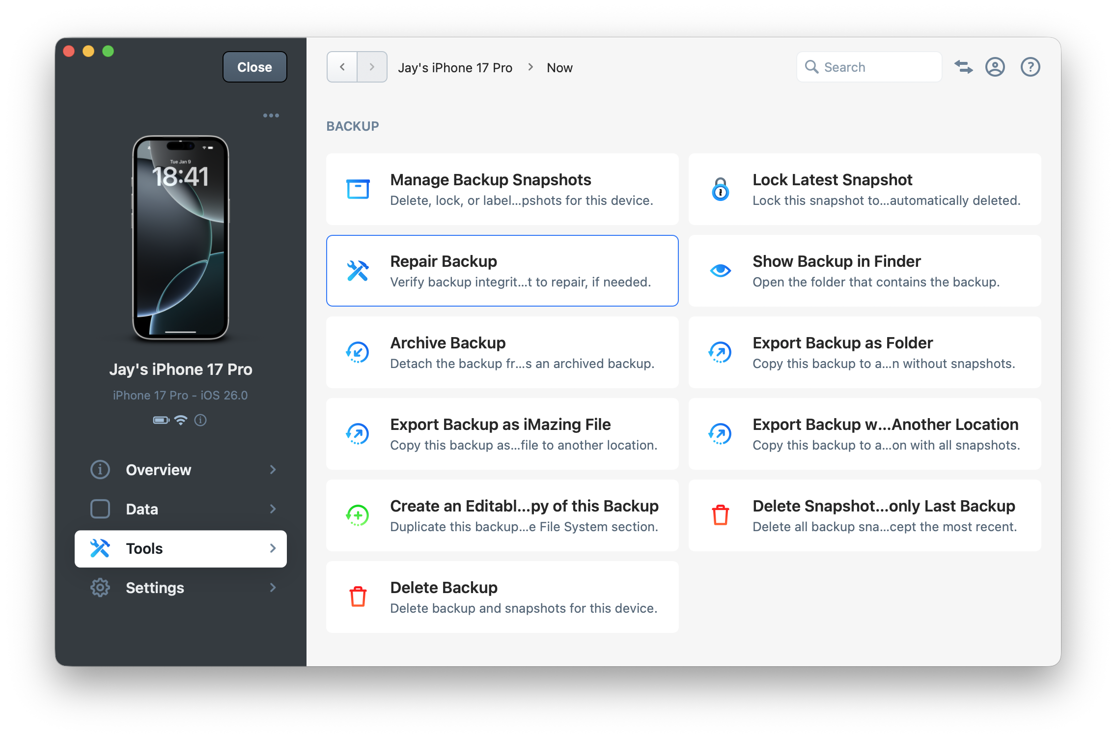 iMazing - Repair Backup Action