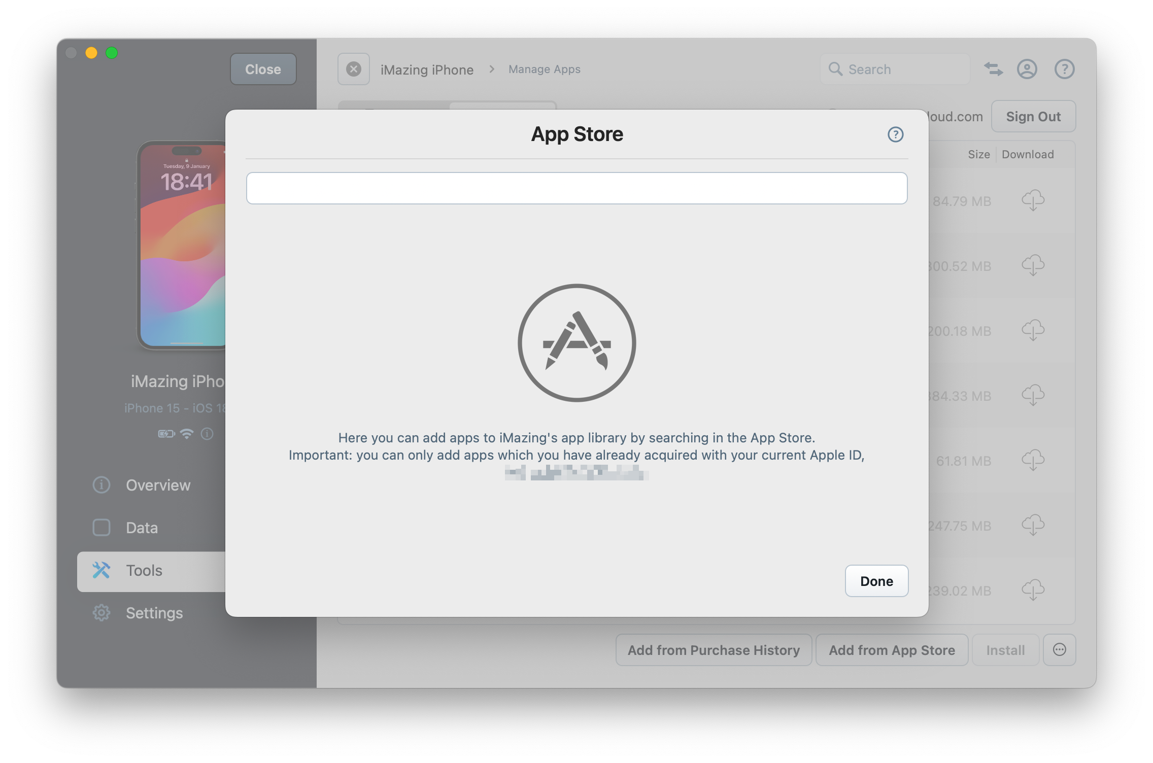 iMazing Manage Apps Search in App Store View
