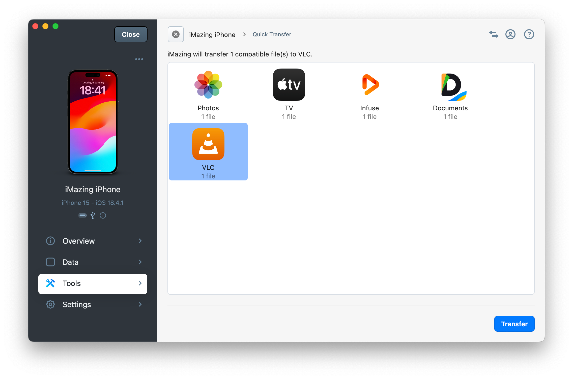 Quick Transfer wizard displaying compatible apps