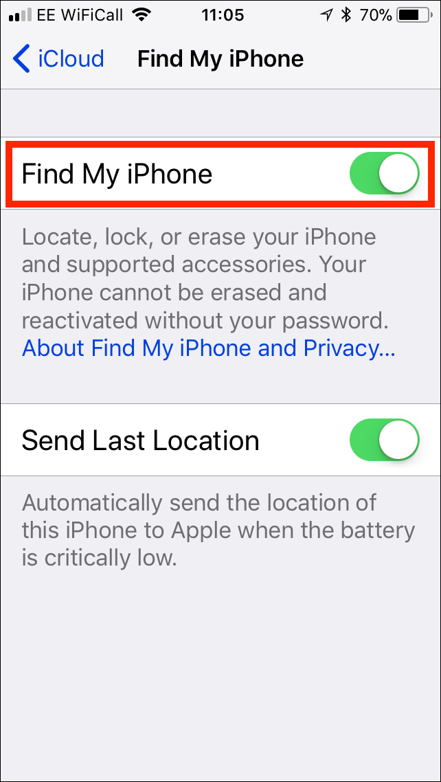 iOS Settings Disable Find my iPhone