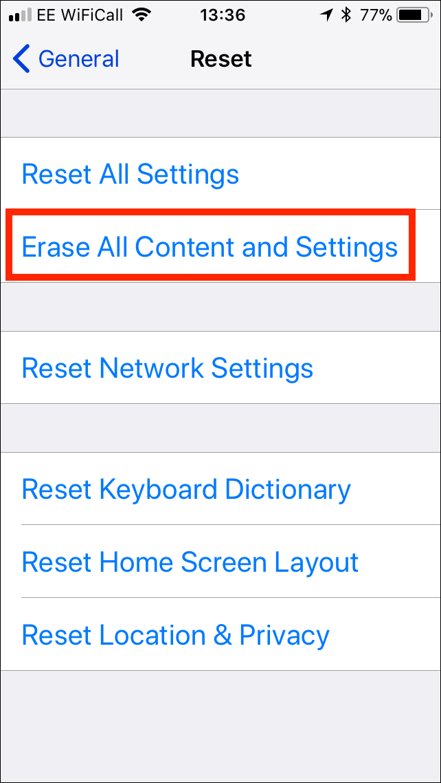 iOS Erase All Contents and Settings Screenshot