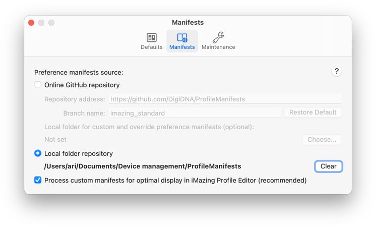 iMazing Profile Editor Screenshot – Manifest Preferences