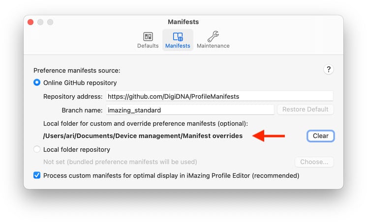 iMazing Profile Editor Screenshot – Manifest Preferences