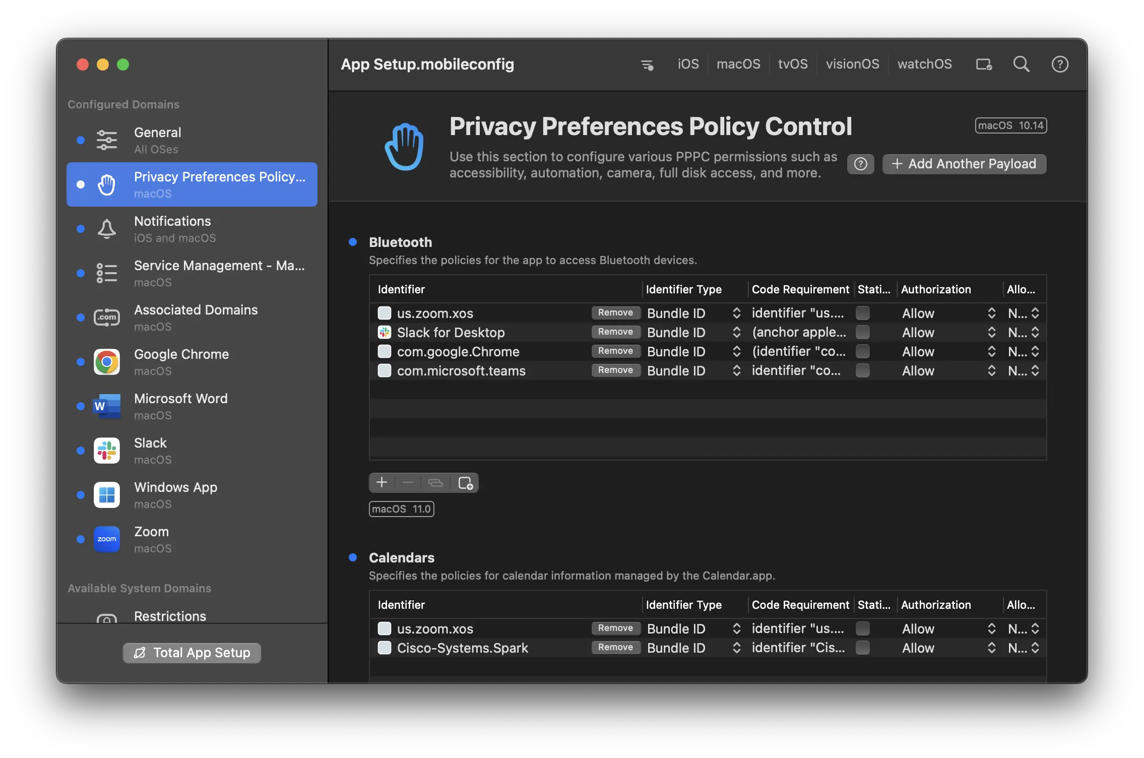 Various app-specific domains configured after using Total App Setup