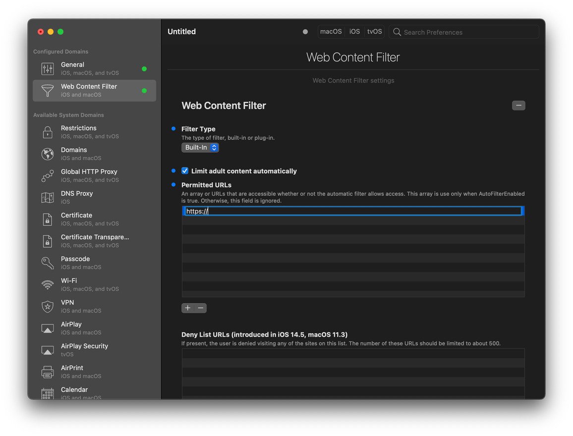 iMazing Profile Editor, Web Content Filter Configure Payload