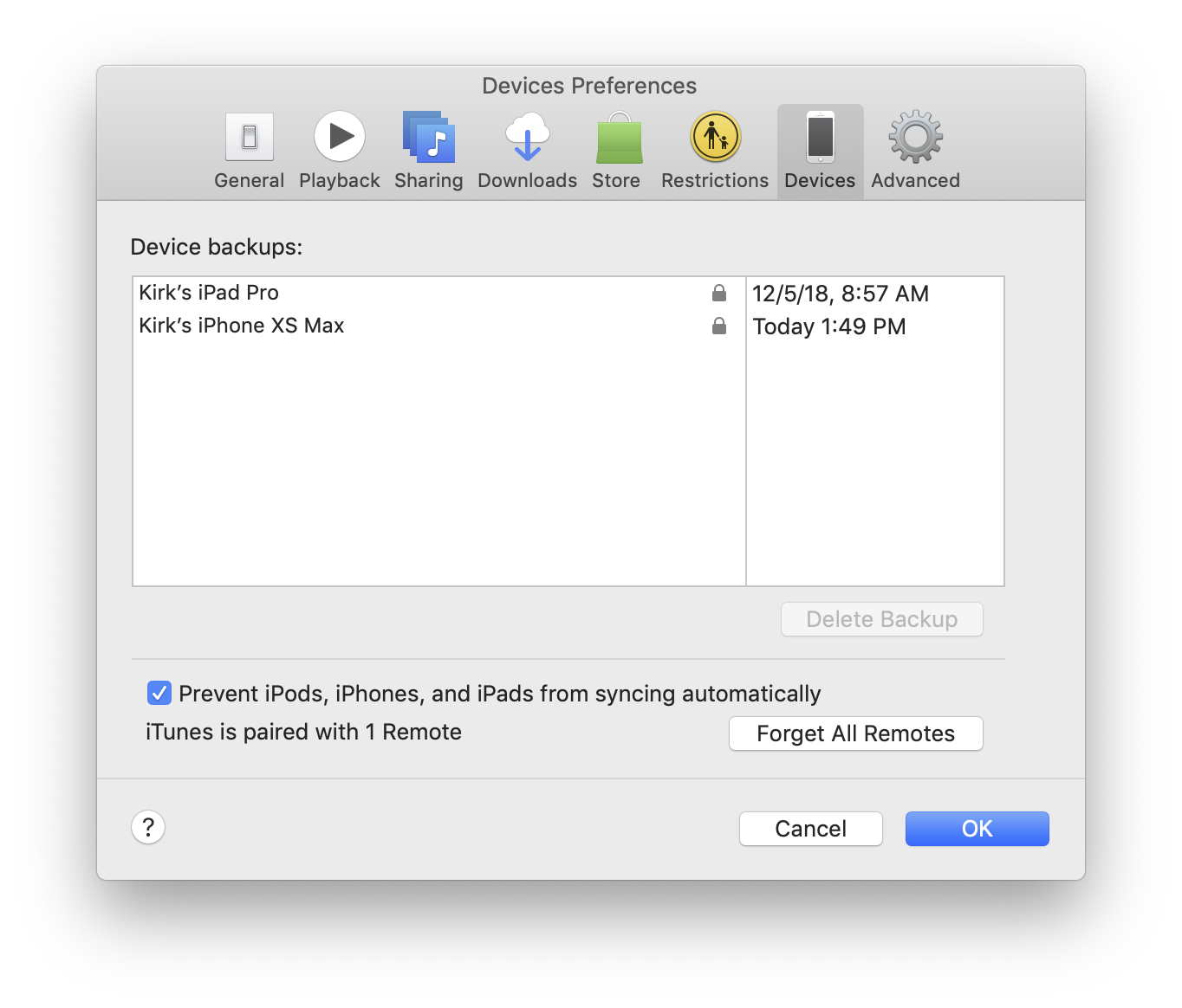 iTunes backup window