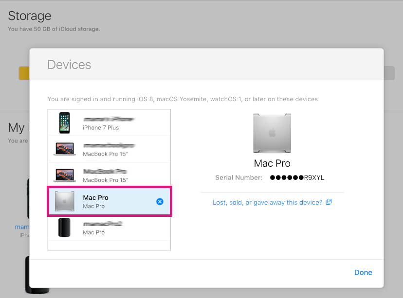 iCloud.com Devices list